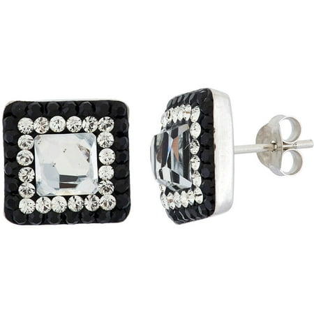 5th & Main Rhodium-Plated Sterling Silver Square Opaque Swarovski with Black Pave Crystal Earrings