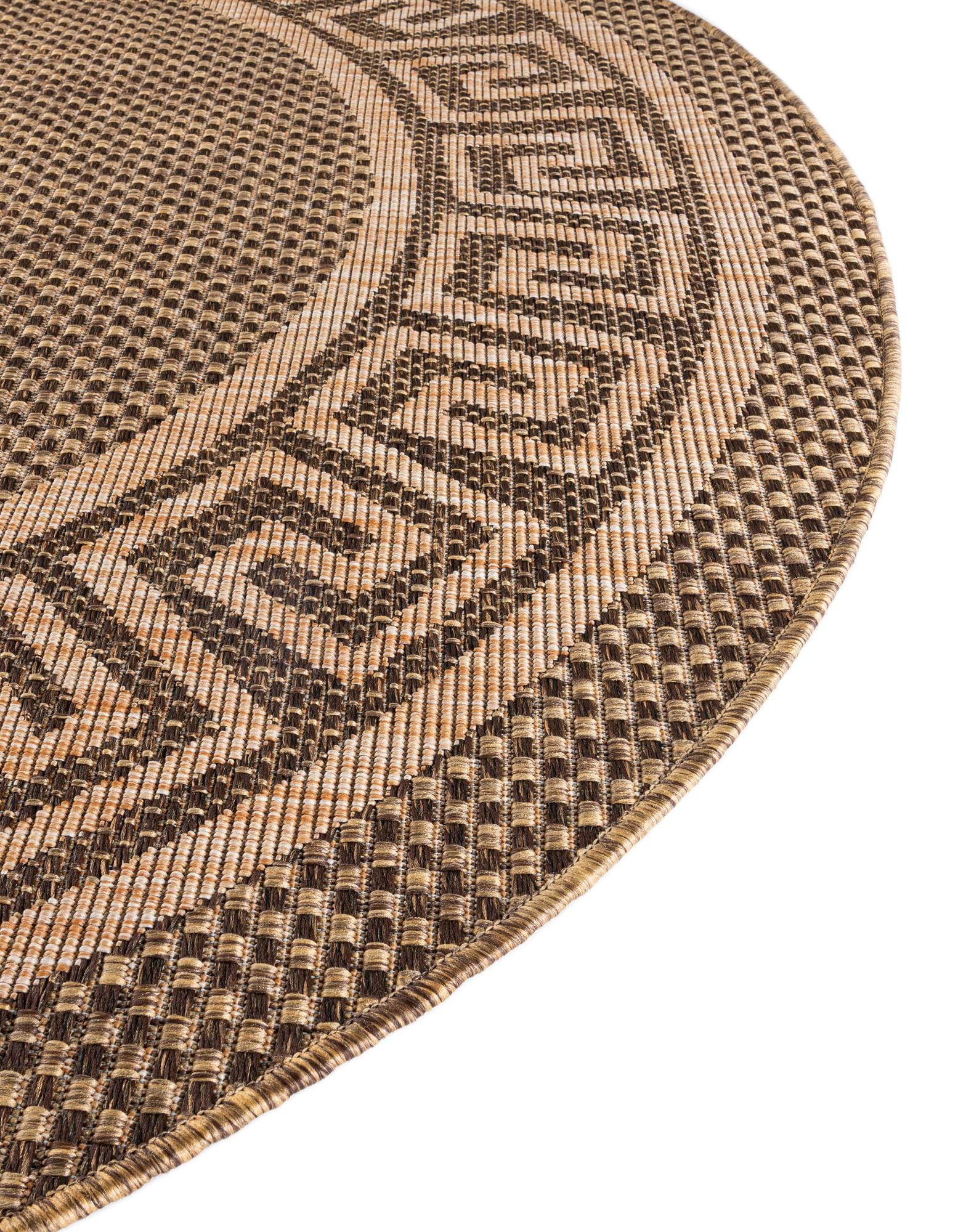 Unique Loom Outdoor Border Collection Area Rug - Greek Key (6' 1" Round Brown/Light Brown)