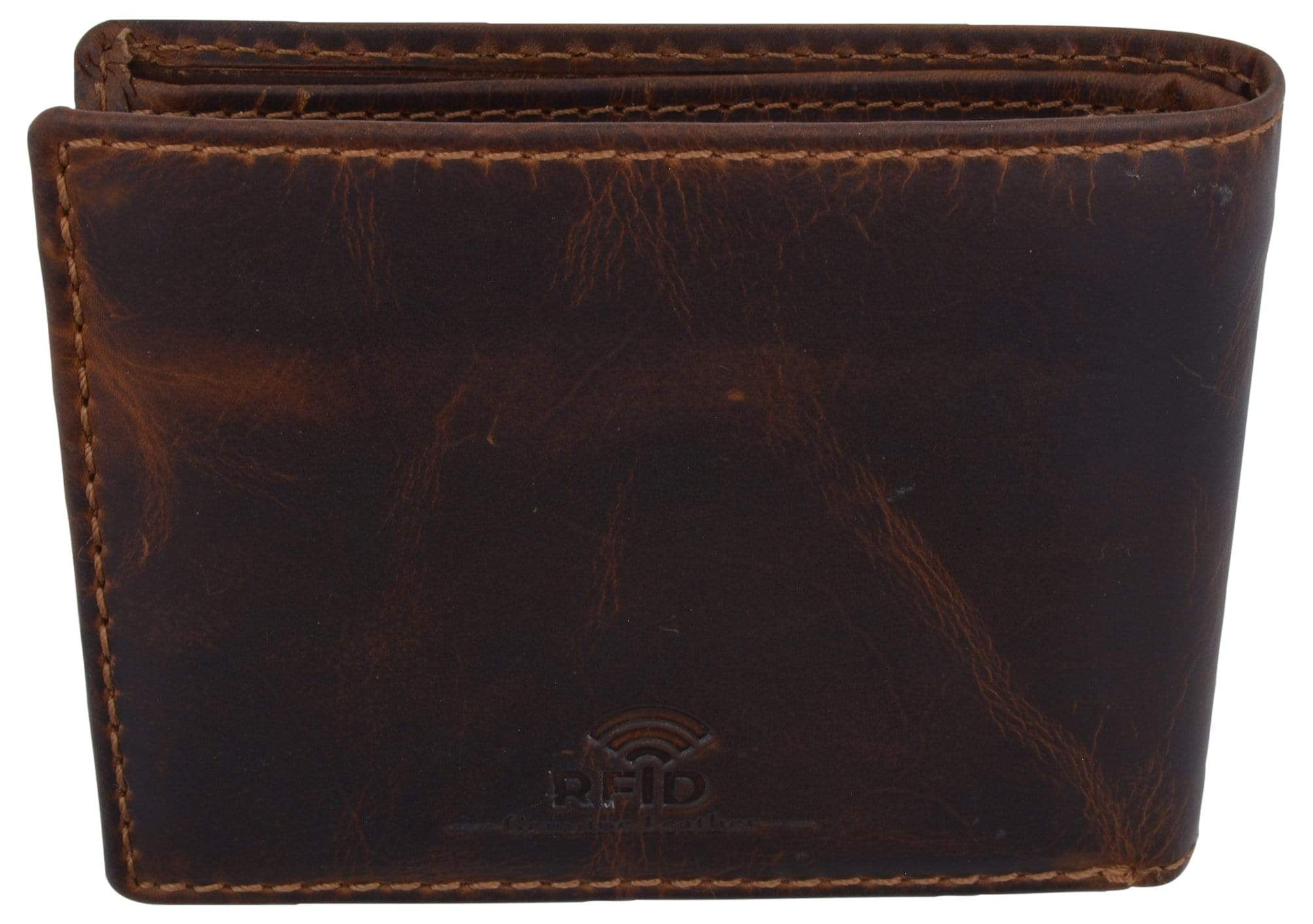 Cazoro RFID Blocking Men's Handmade Vintage Distressed Genuine Leather Bifold ID Window Wallet for Men (Logo Brown)