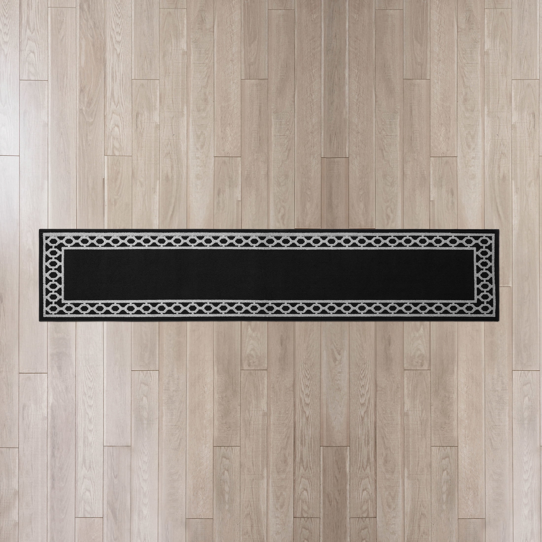 Washable Skid-Resistant Runner Rug, Trellis Border , Black and Twisted Grey , 30 " x 120"