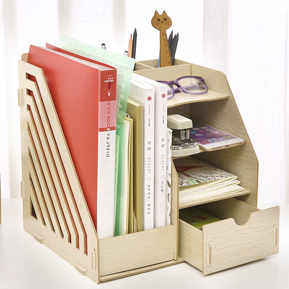 Desktop Organizer Office Storage Rack with Pen Holder Adjustable Wood