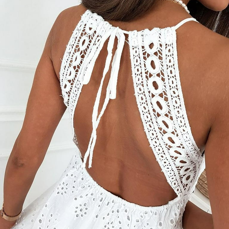 Women's White Lace V Neck Spaghetti Strap Embroidery Hollow Lace Lace Dress  Four Way Stretch Short Dresses for Women Casual Womens Tunics Dresses  Ruffle Womens Dress Dresses Casual See Throw Dresses -