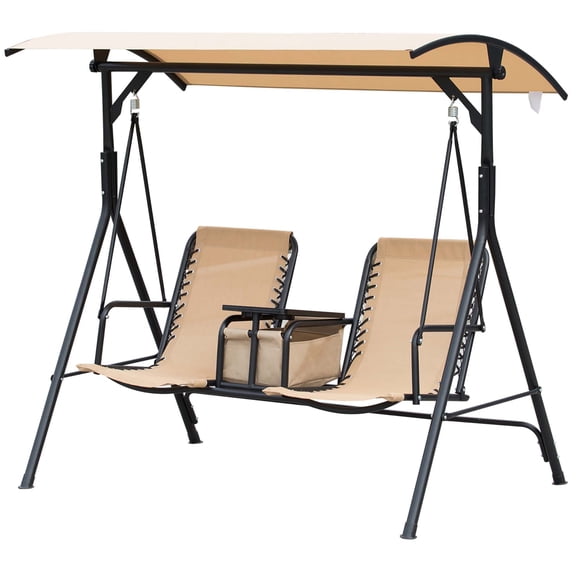 Dranite 2-Person Porch Swing, Canopy, Pivot Storage Table, Cup Holder, Beige