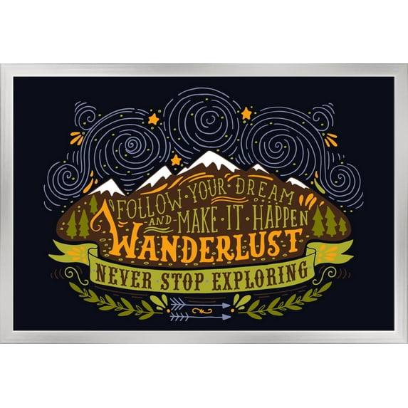 Wanderlust - Never Stop Exploring - Artwork (36x24 Giclee Art Print, Gallery Framed, Silver Wood)