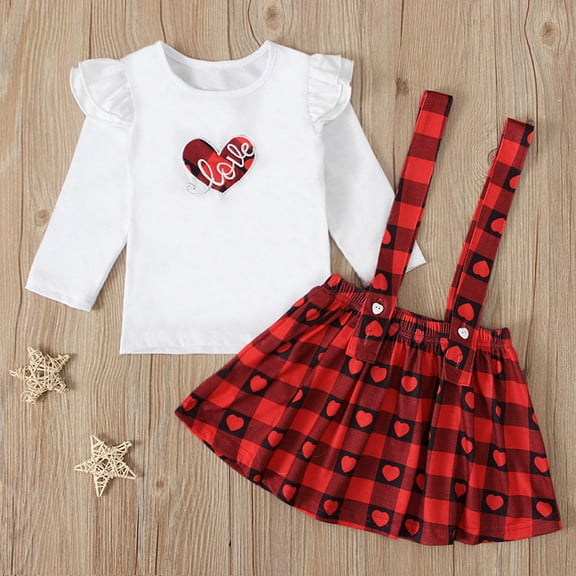SDJMa Toddler Kids Baby Girls Fashion Cute Long Sleeve Sweet Heart Letter Print Ruffles Strap Skirt Suit