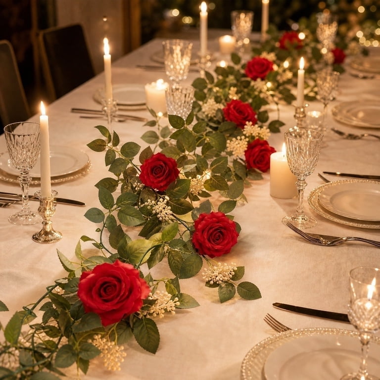 Artificial Red Rose Garland, Faux Floral Vine with Berries 