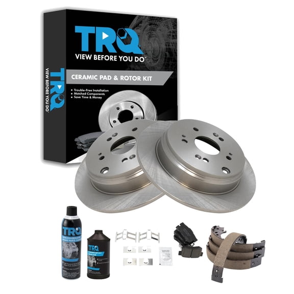 TRQ Rear Brake Pad & Rotor Kit; with Chemical Kit Parking Brake Shoe Set Ceramic Fits 2007-2012 Acura RDX