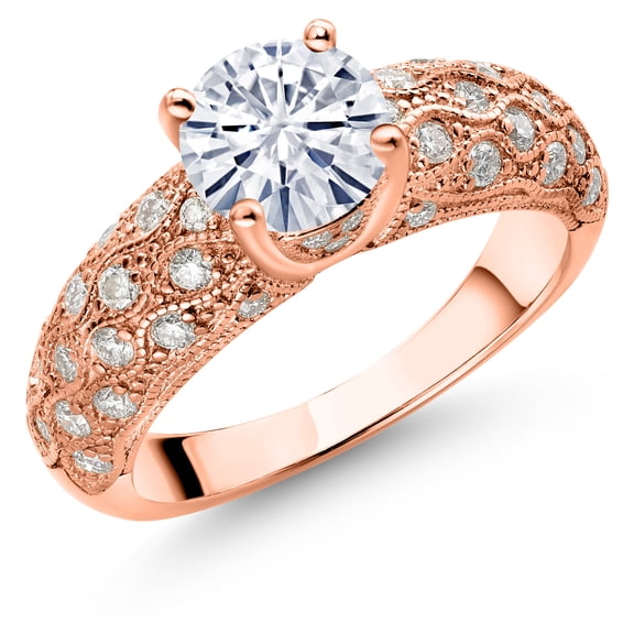 Gem Stone King 18K Rose Gold Plated Silver White Moissanite Engagement Ring for Women (1.54 Cttw, Round 7MM, Gemstone, Size 6)