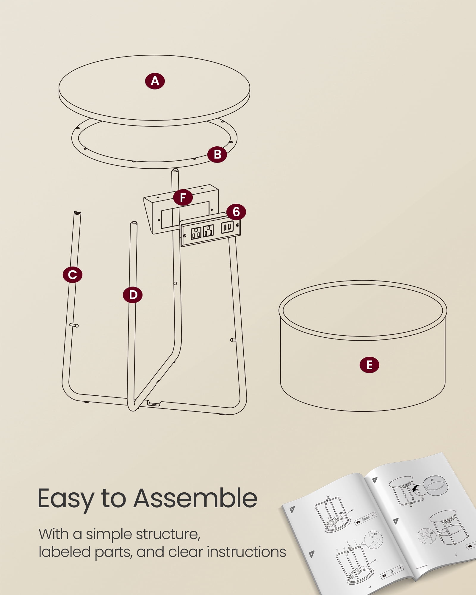 VASAGLE LILEA Collection - Side Table with Charging Station, Round End Table with Fabric Basket, Nightstand with USB Ports, for Living Room, Bedroom, Modern, Cream White