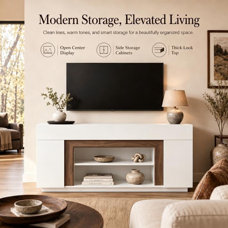 Lacoo 70-Inch TV Stand for 55-80 Inch TVs, Modern Entertainment Center with Storage Cabinets and Adjustable Shelves, Media Console for Living Room, White
