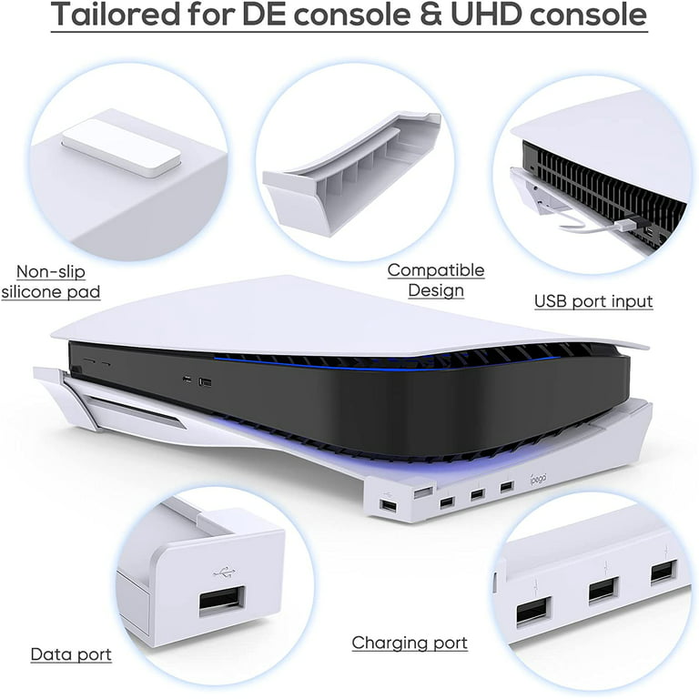 Soporte horizontal para consola PS5 Slim con 4 puertos USB Hub,  multifunción PS5 Soporte de controlador delgado con 4 puertos USB 2.0, base