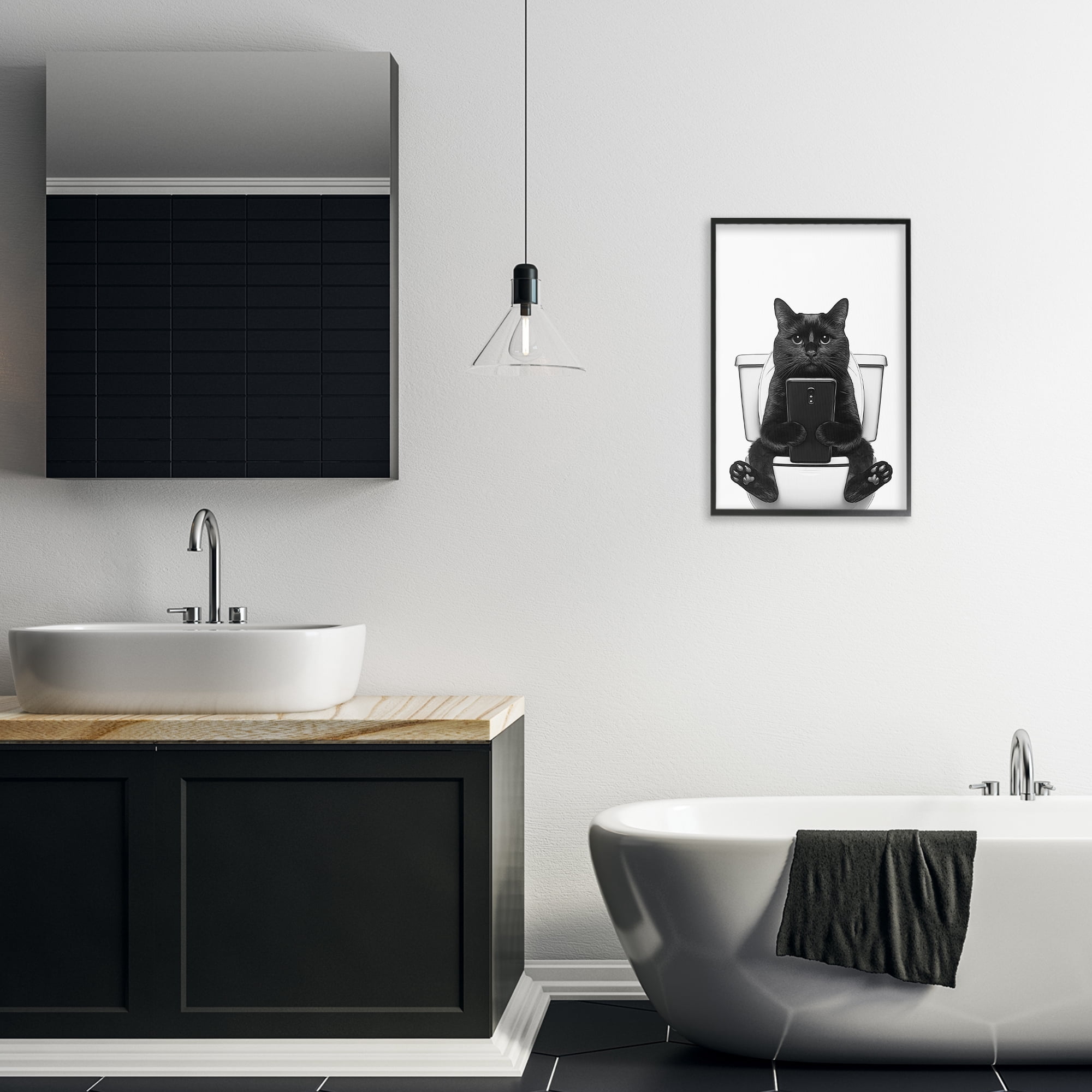 Stupell Industries Cat Texting on Toilet Typography Painting Black Framed Art Print Wall Art, 16 x 24