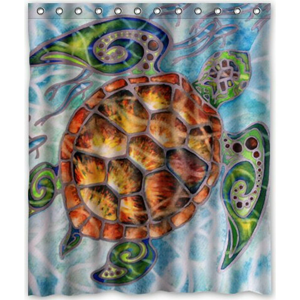HelloDecor Blue Sea World Coral Sea Turtle Shower Curtain Polyester