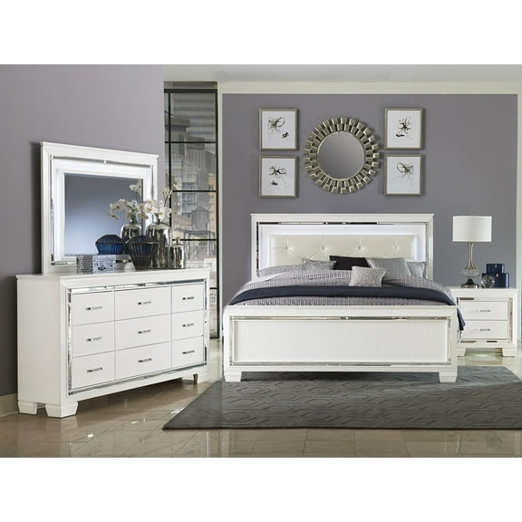 Glamorous Design White Bedroom Set 4pc California King Button-Tufted LED Headboard Bed Nightstand Dresser LED Mirror Furniture