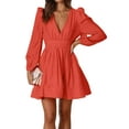 thumbnail image 3 of Mini Deep V Long Sleeve Dress for Women A-Line High Waisted Casual Flowy Dress for Wedding Guest Orange & Red XL, 3 of 9