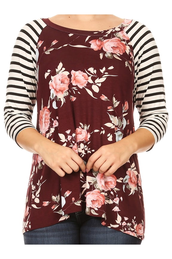 Women Plus Size Striped Sleeve Floral Printed Jersey Tunic Knit Top Tee Maroon XL B4991 BNY Corner