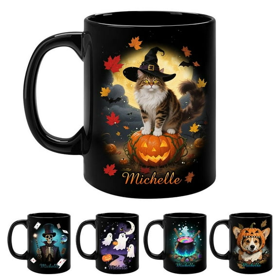 Personalized Halloween Black Cat Mug - Black Cat Gifts for Women Lover, Custom Name Coffee Cup Ceramic Mug,Pet Spooky Season Gifts for Women Cats Lovers, Besties, Sisters, BFF, Family, Yourself