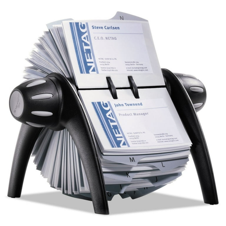 VISIFIX Flip Rotary Business Card File, Holds 400 2.88 x 4.13 Cards, 8.75 x 7.13 x 8.06, Plastic, Black/Silver VISIFIX Flip Rotary Business Card File, Holds 400 2.88 x 4.13 Cards, 8.75 x 7.13 x 8.06, Plastic, Black/Silver