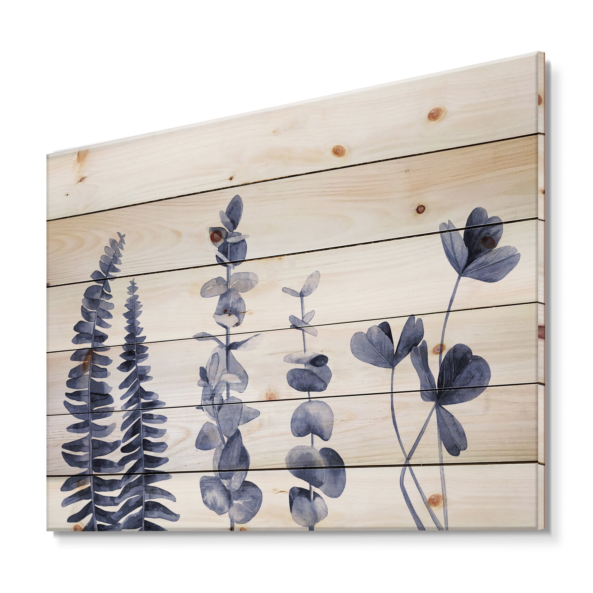Designart 'Navy Blue Eucalyptus On White I' Traditional Print on Natural Pine Wood