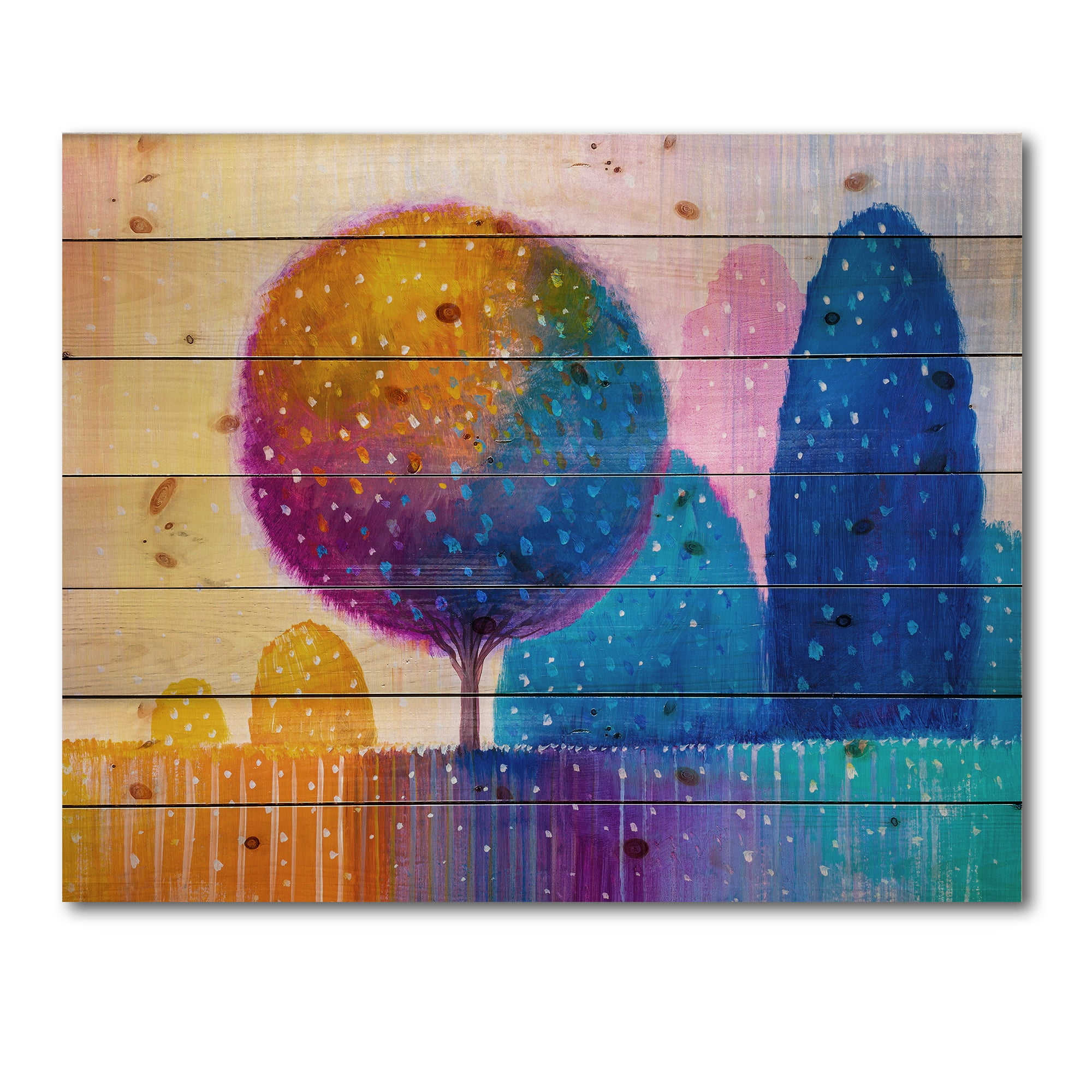 Designart 'Ornamental Colourful Trees X' Modern Print on Natural Pine Wood
