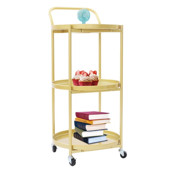 Round 3-Tier Rolling Bar Cart, Metal Frame Serving Cart with Wheels Handle, Mobile Storage Carts for Kitchen Dining Room Living Room