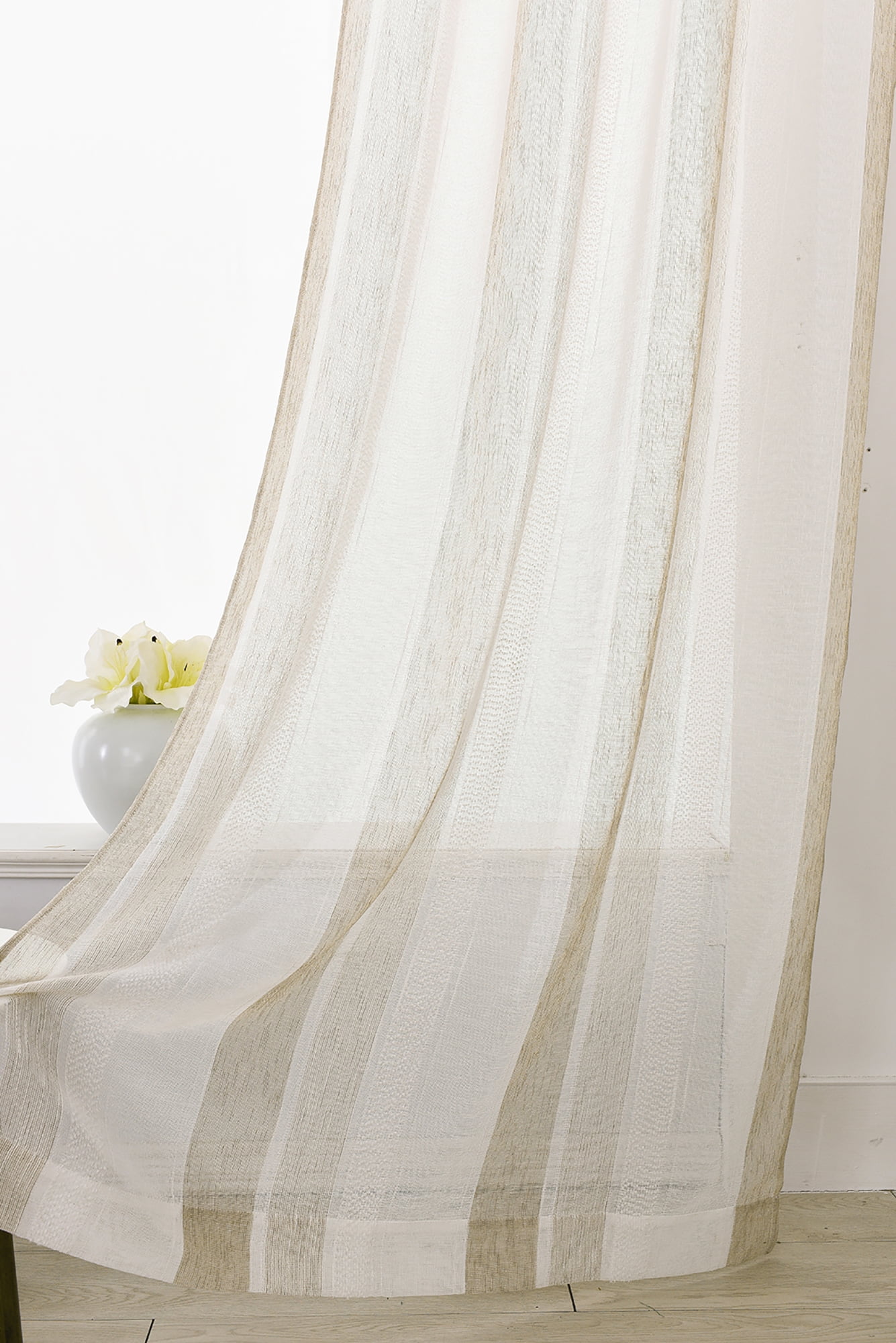 Uptown Home Beige White Stripe Sheer Window Curtain Panels for Living Room Farmhouse Yarn Dyed Linen Filtering Light Rod Pocket Bedroom Drapes, 50"x 84"x2
