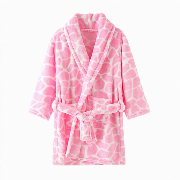 Linfrsh Boys Girls Soft Coral Fleece Bathrobe,Warm Hooded Sleep Robe with Waist Belt,Cute Cartoon Design,for Toddlers Children 2-11Y,Daily Lounge Wear Kids Pajamas,Size 8-9 Years