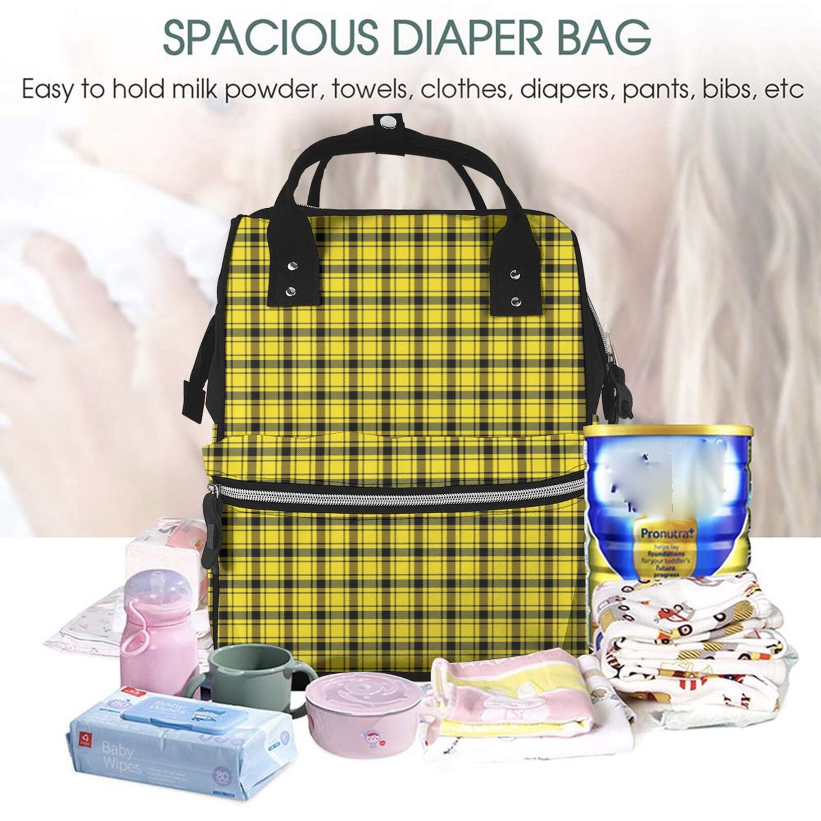 Ratiio Yellow Checkered Plaid Mummy Backpack - Waterproof Twill Canvas, Large Capacity Diaper Bag with Multiple Pockets and Adjustable Straps