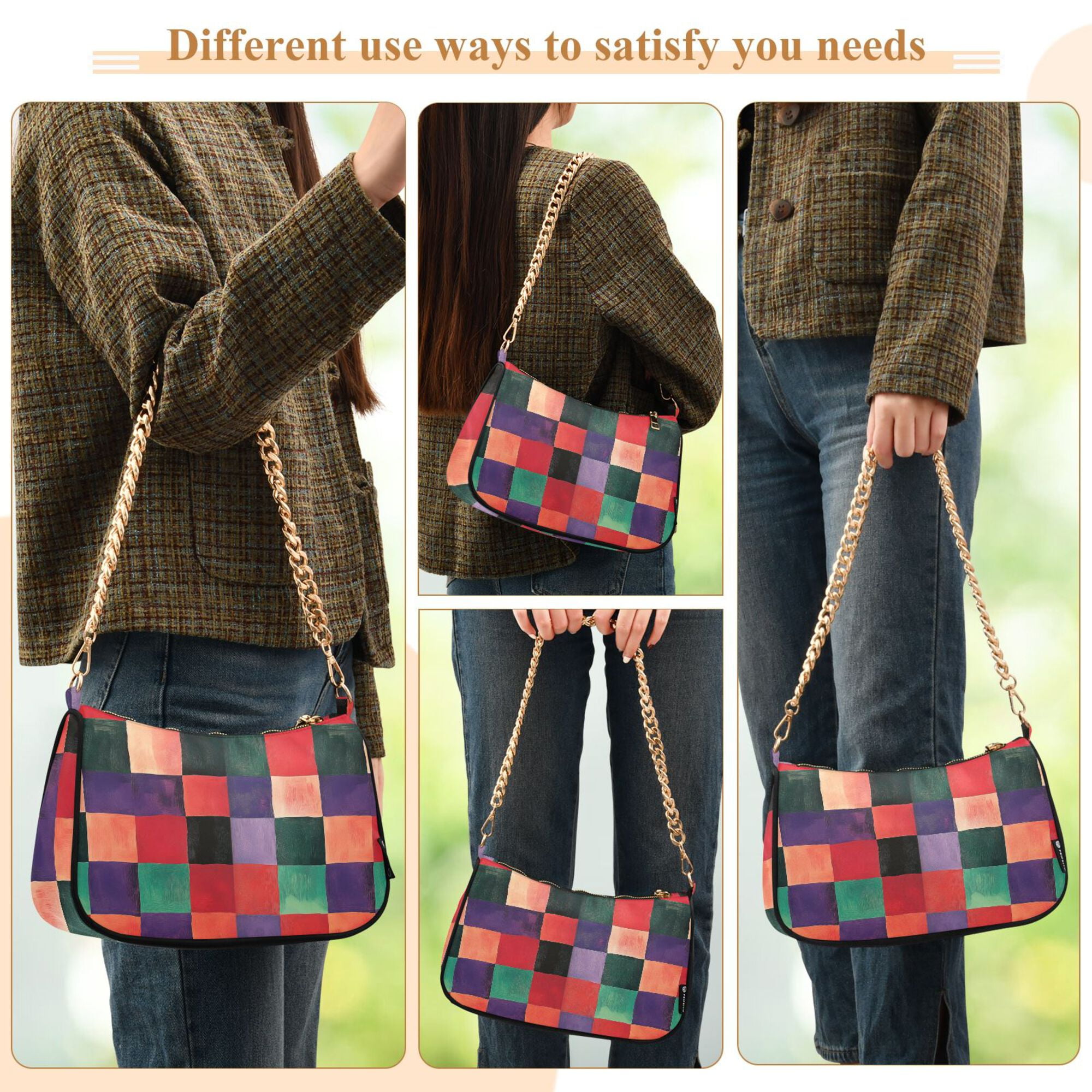 FORMRS Womens Shoulder Bag with Chain Strap Clutch Purse Cute Tote Handbag, Red and Purple Plaid Pattern
