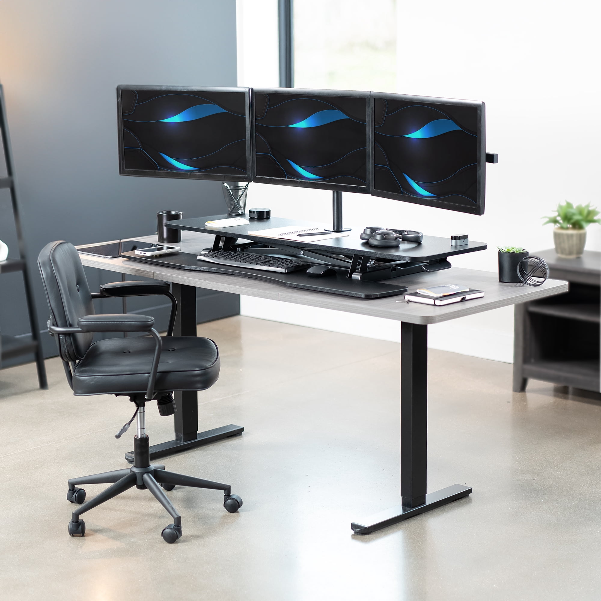 VIVO Black 48" Standing Desk Riser with Triple 21.5" to 27" Monitor Mount