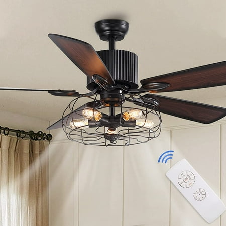 

BBNBDMZ 52 Industrial Caged Ceiling Fan Light with Remote Control Vintage Ceiling Fan Light Farmhouse Matte Black Retro Indoor Fandelier with 5 Reversible Wood Blades for Living Room