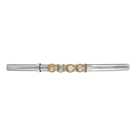 Gucci Silver Leather Belt with Metal Gold Logo Lettering Size 75