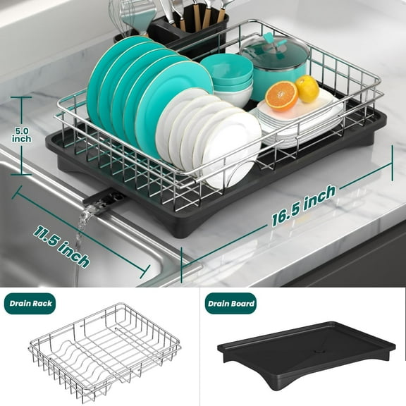 Expandable Dish Drying Rack for Inside Sink with Drainboard & Utensil Holder, Small Metal Dish Drainer Kitchen Counter in Sink with Adjustable Drain Spout
