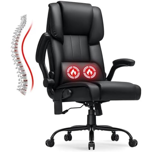 Executive Office Chair with Massage and Heat Big and Tall Computer Chairs with Flip-up Armrests High Back PU Leather Chair with Lumbar Support Swivel PC Chair with Rocking Function Black$$Office