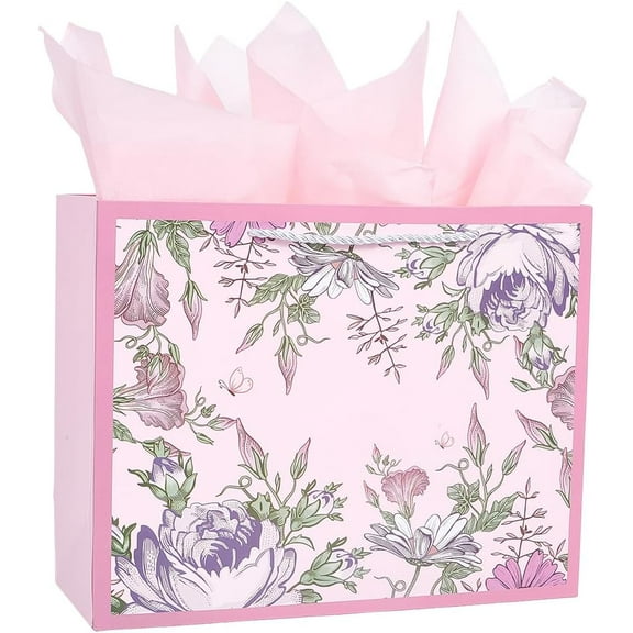 1set 1pc Flower Printed Paper Gift Bags with Rope Handle Rectangle 2pcs Wrapping Paper Pearl Pink bag: 11.7x31.8x25.2cm