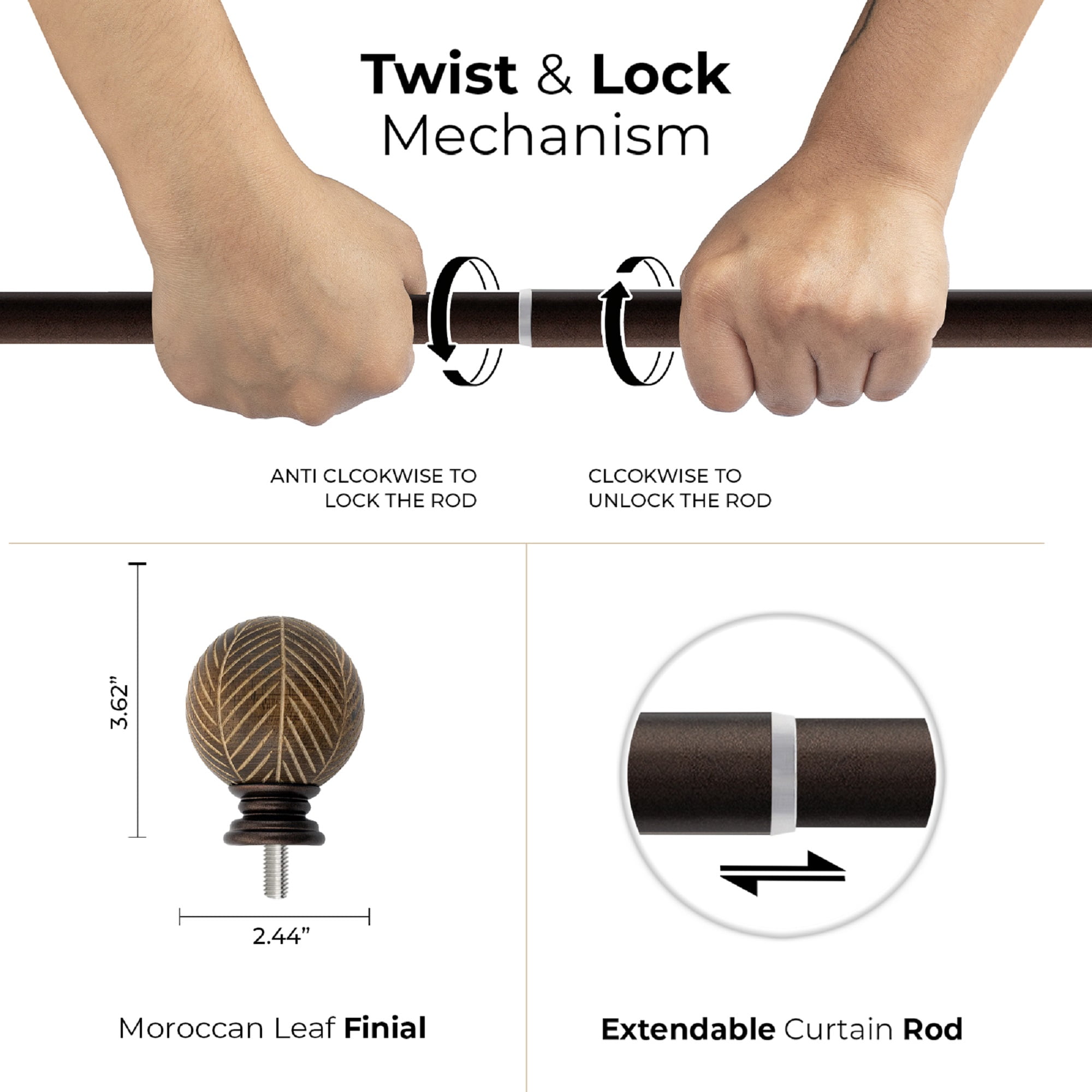 Better Homes & Gardens 1 inch Extendible Curtain Rod 42" to 120" with Moroccan Leaf Finials Brown