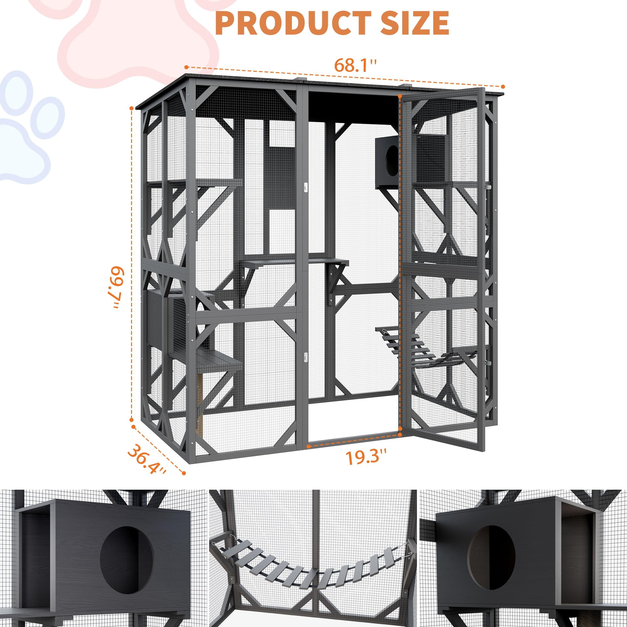 Accreate 70 Inch Large Wood Catio Outdoor Cat Enclosure with Waterproof Roof, Walk-in Cat House with Asphalt Roof, Scratch Post & Bridge for Cats, Patio Enclosure in Dark Grey