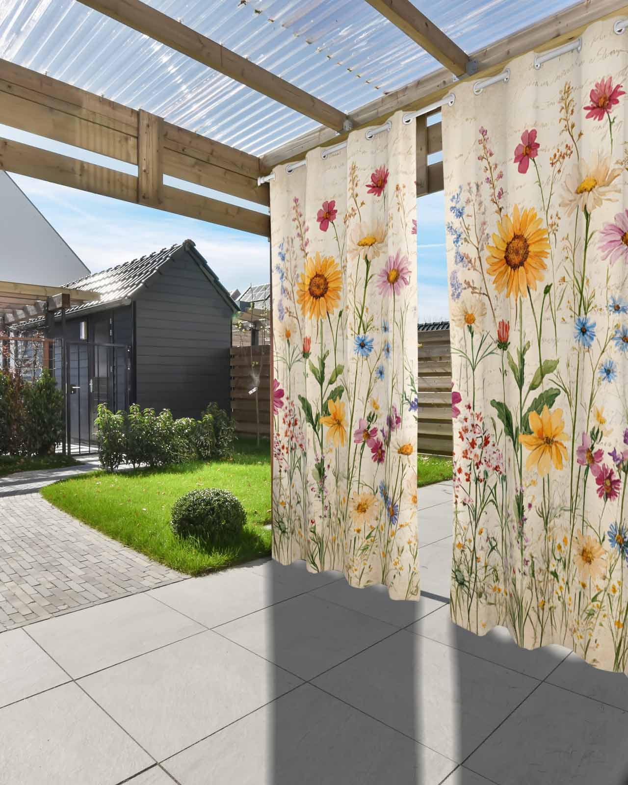 nqOlkjepod Outdoor Curtains for Patio Waterproof, Botanical Floral Outdoor Privacy Panels Grommet, Retro Purple Pink Yellow Wildflowers Blackout Outside Curtains for Porch/Cabana 54"x95", 1 Panel