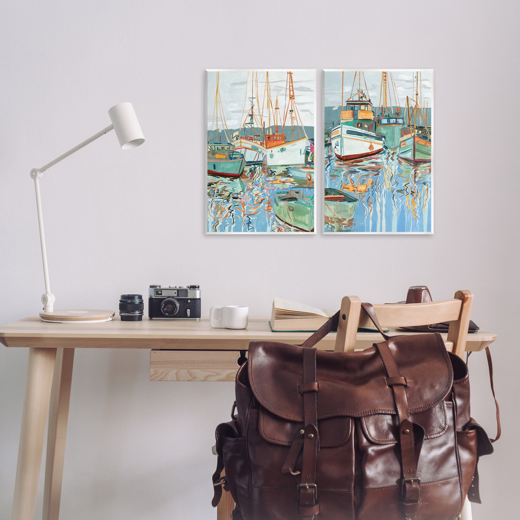 Stupell Industries Marina Ships Reflection Transportation Painting Unframed Art Print Wall Art, 13 x 19, Set of 2