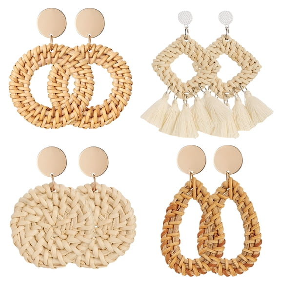 DESIGNICE 2026 New Rattan Tassel Earrings for Women 4 Pairs - Boho Dangle Straw Earrings Beach Vacation Essentials