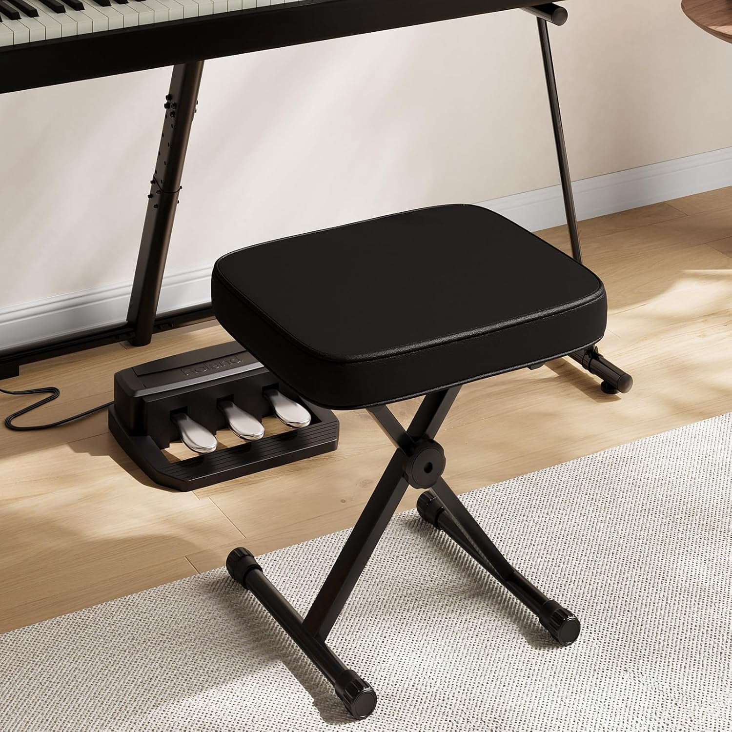 JIOABL Adjustable Piano Bench, X-Frame Music Stool with Padded Seat, Steel Frame, Black Cushion for Piano Keyboard Stand,Black