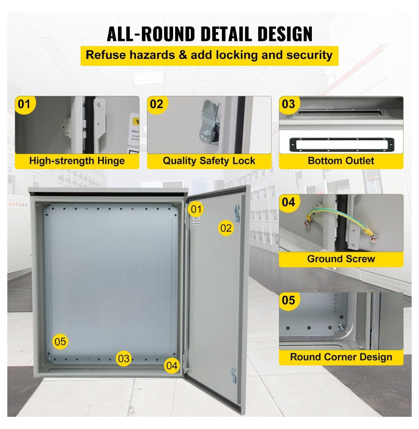 Electrical Enclosure 24x24x12 NEMA 4 Outdoor Box, IP65 Waterproof Steel Junction Box, Hinged, Indoor/Outdoor Use, Rain Cover Compatible