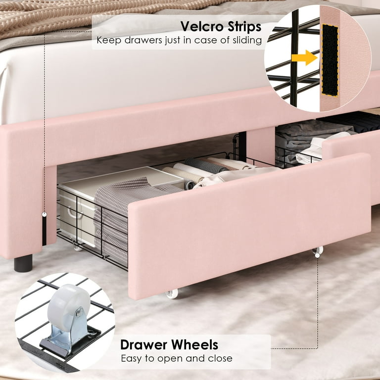 Homfa Pink Full Size LED Bed Frame, Velvet Upholstered, Petal