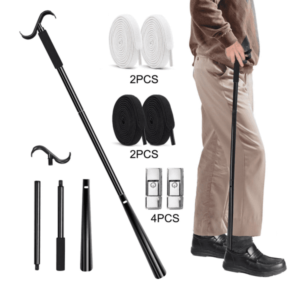 START MAKERS 35" Detachable Long Shoe Horn with Sock Remover, 3-in-1 Dressing Stick Aid for Seniors with Foam Handles and 4 Pcs No-Tie Buckle Shoelaces (Black and White)
