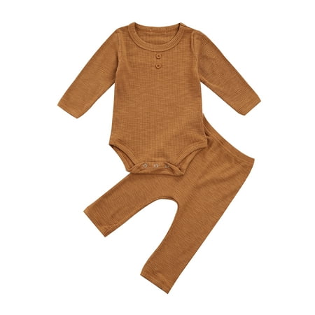 

IZhansean Newborn Infant Baby Girls Boys Clothes Solid Color Long Sleeve Rompers Pants Autumn Spring Soft Set Tan 0-3 Months