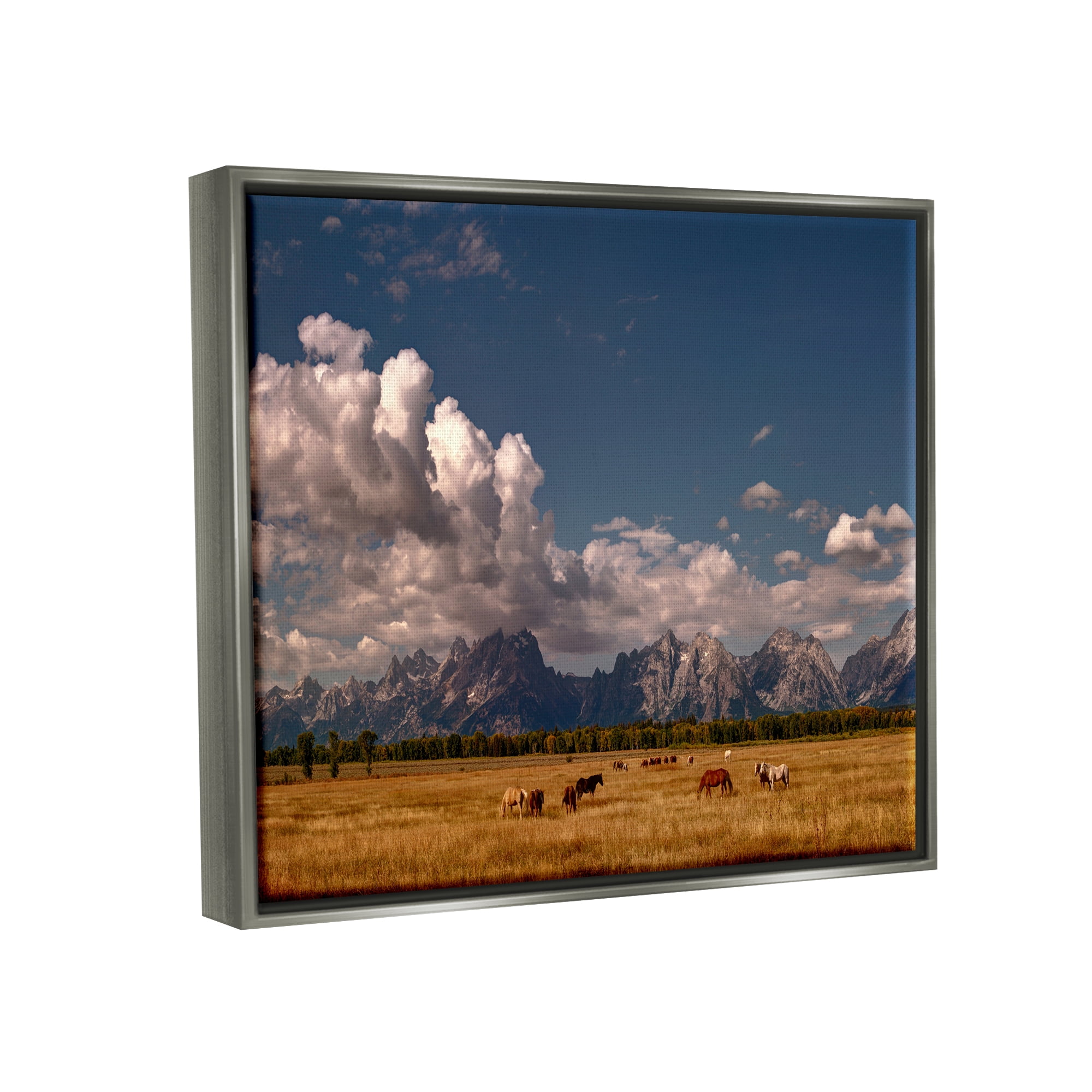 Stupell Industries Horses Grazing Mountain View Nature Photography Gray Floater Framed Art Print Wall Art, 31 x 25