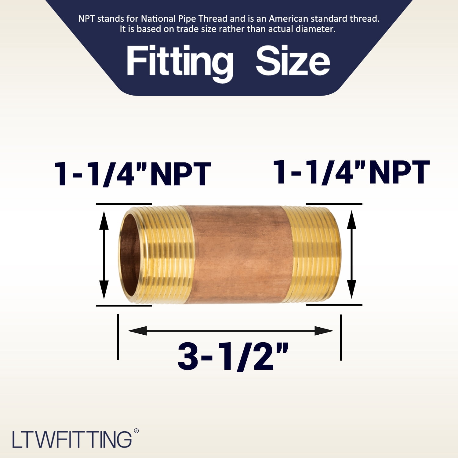 LTWFITTING Brass Pipe Nipple, Threaded Insert Fitting, 3-1/2" Long x 1-1/4" Male NPT, for Air Water (pack of 1)