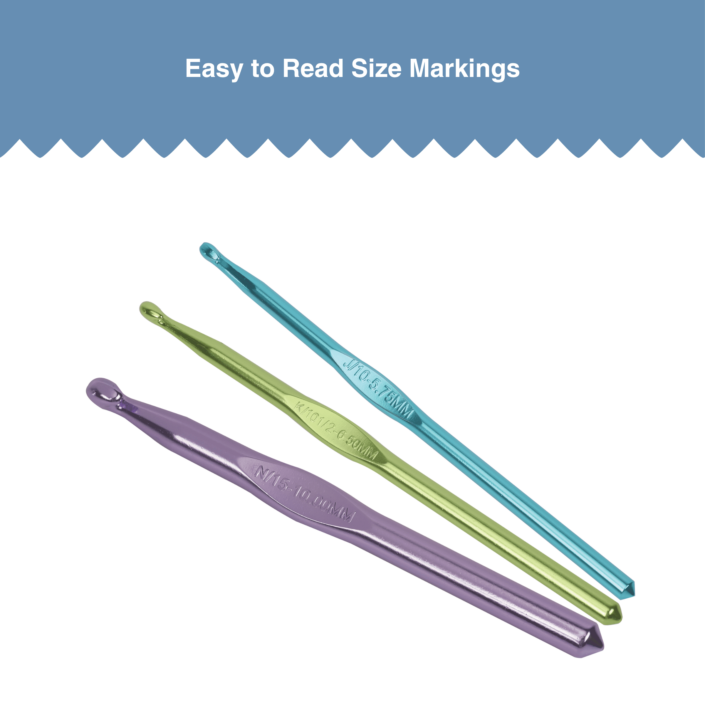 Hello Hobby Aluminum Crochet Hooks, Sizes J, K, and N, 3-Piece Set