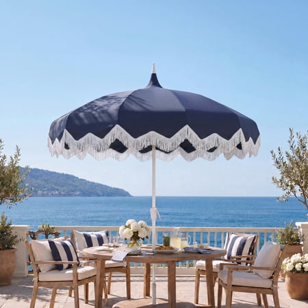 JONATHAN Y Delphine 8' Bohemian Pagoda Market Patio Umbrella with Auto-Tilt Crank and Fringe Trim, 12 Ribs UV Protection for Garden Backyard Pool, Navy Canopy, White Aluminum Pole UMB1007B