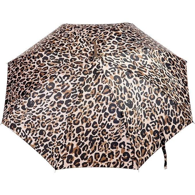 totes Large Eco Auto-Open Stick Umbrella with a Classic J Hook Curved Handle, Tonal Tan Leopard, 46"